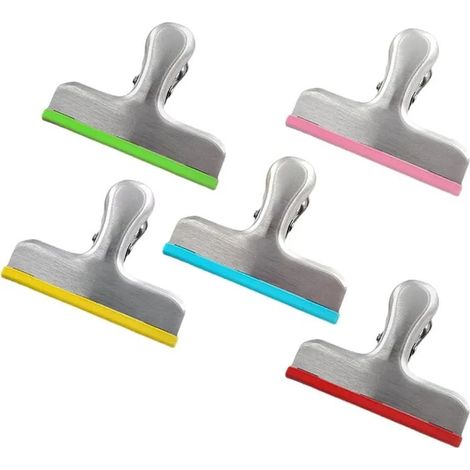 Pince Sachet Acier Inoxydable, 5 Pièces, Pinces Colorées pour Fermer Sacs Alimentaires, Bords Silicone, 7,7 cm, Clips Sac Congélatio (1/5)