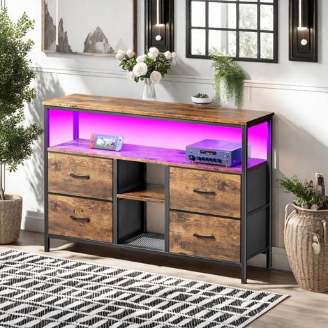 Mobile TV LED da Salotto - Stile retrò - Legno - Pannelli di particelle - 4 cassetti - Mobile di stoccaggio - 108x29x78 cm - Marrone
