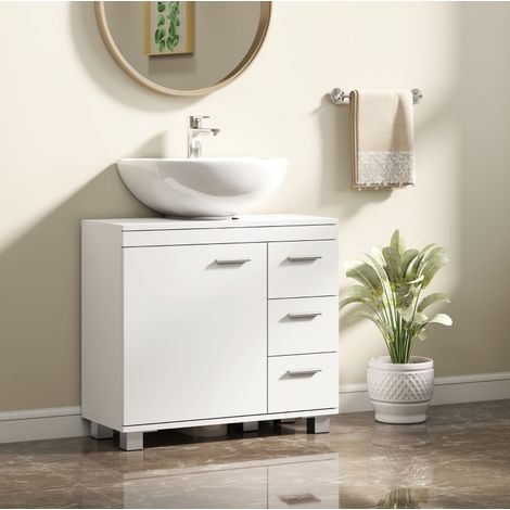 Mobile sottolavabo in legno MDF bianco 70x30x64 cm con 2 ripiani, 3 cassetti e chiusura soft-close (1/3)