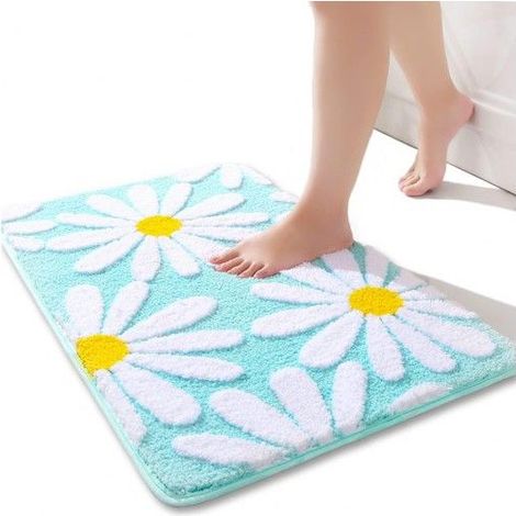 Tapis de bain vert, tapis de bain marguerite mignon, antidérapant, lavable, tapis de bain à fleurs blanches et jaunes, tapis (1/5)