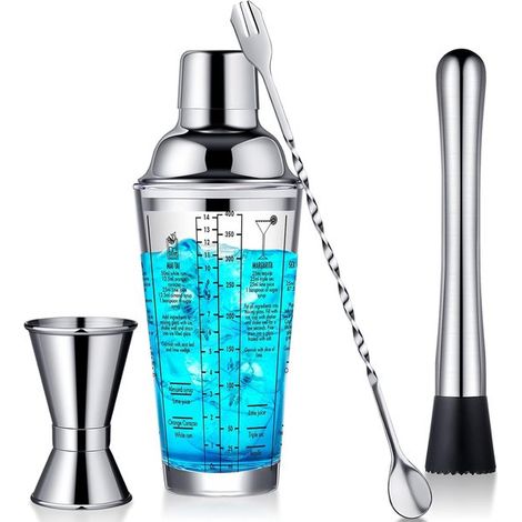 Juego de coctelería de 4 piezas, copa de martini de 414 ml, vaso mezclador, regalo de Navidad, coctelera de acero inoxidable (1/4)