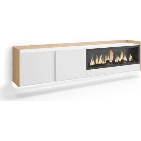 Mueble TV Pujerra-01 de 212x50x35 cm con chimenea eléctrica y luces LED, suspendido, color blanco y roble soft (1/4)