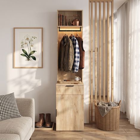 Mueble recibidor 45x47x200 cm, armario de entrada con iluminación LED y cajón joyero, MDF de estilo moderno, Roble (1/5)