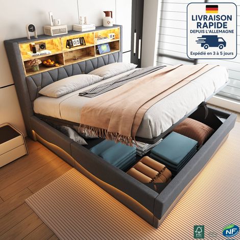 MODFU - Lit coffre 180×200cm avec LED, lit adulte, tête de lit coffre, port USB, sommier à lattes tapissier, sans matelas, lin, gris (1/5)