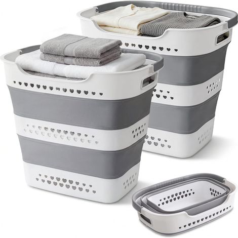 2 Paniers à Linge 42 L Pliables, Corbeilles Escamotables en Plastique avec Poignées pour Maison et Buanderie, Gris clair (1/5)