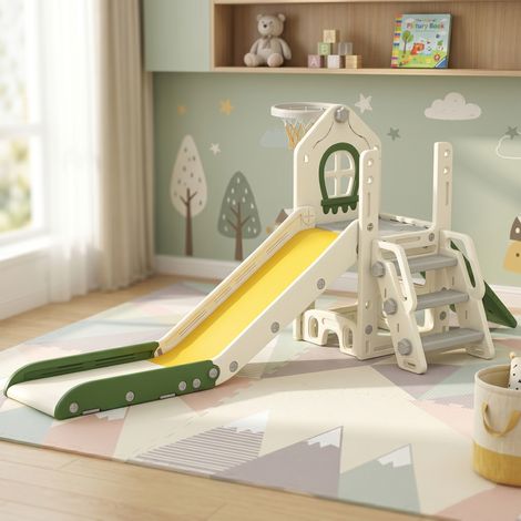 Toboggan pour Enfant Pliable 5-en-1 avec Escalade, Panier de Basket, Espace de Rangement et Ballon, Crème (1/5)