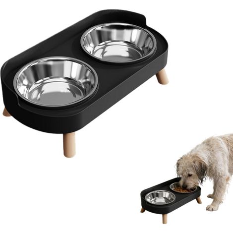 Gamelle double pour chiens et chats en acier inoxydable avec support anti basculement pour eau et nourriture couleur noire (1/5)