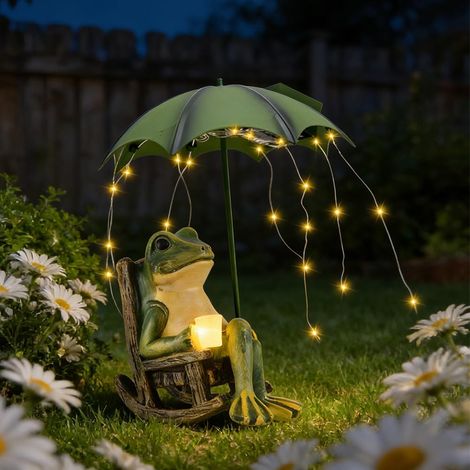 Statua di rana solare, ornamento da giardino a forma di rana con luci LED, statuetta di animale da giardino con ombrellone per cortile, regalo per inaugurazione della casa
