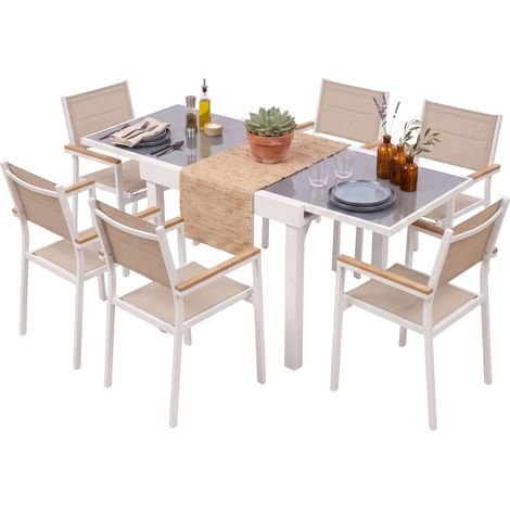 Juego de Muebles Jardín, Mesa Extensible y 6 Sillas Apilables Aluminio Blanco y Beige 90-180x90 cm (1/5)