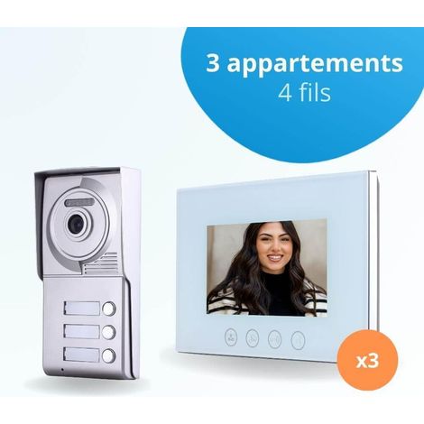 Portier interphone vidéo CLASSIC 4 Fils - 3 appartements - 3 écrans blancs 7" - avec mémoire photos