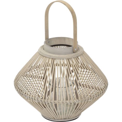 ECD Germany Bambus Laterne, Windlicht 47 cm, Holzfarbe, Gartenlaterne mit Henkel & Glaseinsatz, Boho Bambuslaterne, Kerzenhalter Flechtoptik, Innen/Außen, Deko Laterne für Terrasse Balkon Wohnzimmer