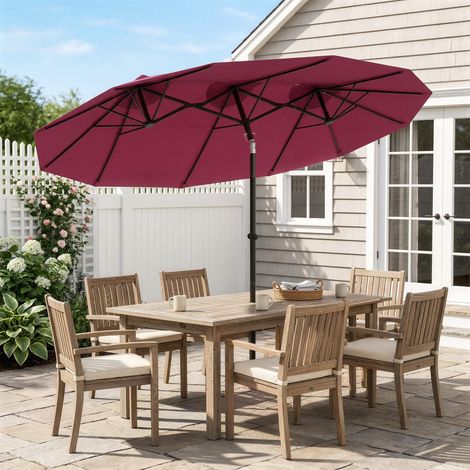 Parasol double de jardin 295 x 152 x 222 cm avec inclinaison à 45° et manivelle manuelle pour terrasse, balcon ou piscine, rouge (1/5)