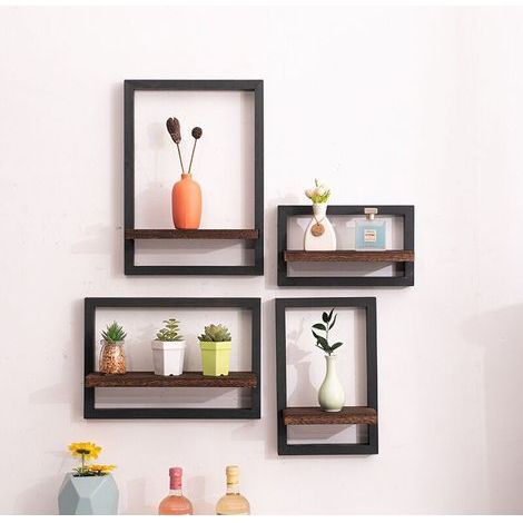 Set de 4 Étagères Murales Noires Vintage avec Crochets, Déco Salon, Bureau, Pots Fleurs, Bougies, Photos, Albums, Rangement Suspendu Polyvalent (1/4)
