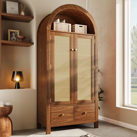 Armoire 2 portes 2 tiroirs avec penderie et étagère ouverte, décor noyer, 78x45x181 cm DESVIAE (1/5)