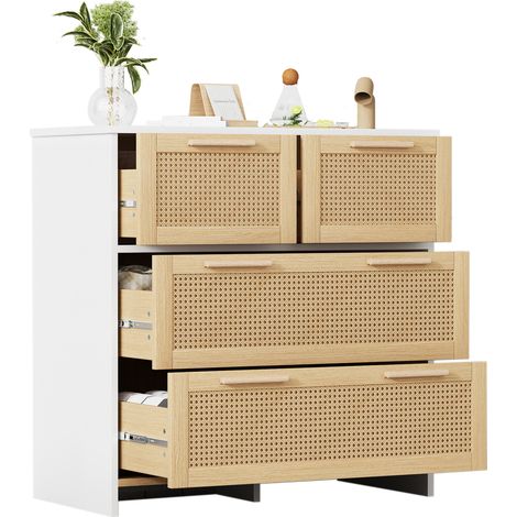 Comò a 4 cassetti in rattan naturale con struttura in MDF, maniglie effetto legno chiaro e ampio piano d'appoggio per camera, soggiorno e ingresso CHICFURN (1/5)