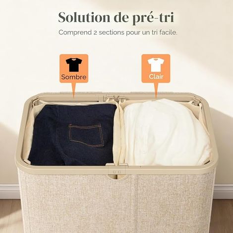 Laundry Basket with 2 Compartments Lid, Large Removable Bags, for Bathroom, Bedroom, Room, 145 L, Beige (1/4)
