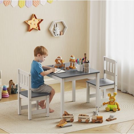 Table enfant avec 2 chaises 56x52x48 cm en bois gris, facile à monter, style scandinave FloraGrace (1/5)