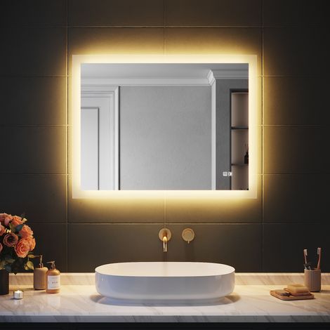 SIRHONA Miroir de Salle de Bains 90x70 CM avec Éclairage LED, Miroir Cosmétiques Mural, Lumière à Trois Couleurs et Fonction Anti-Buée