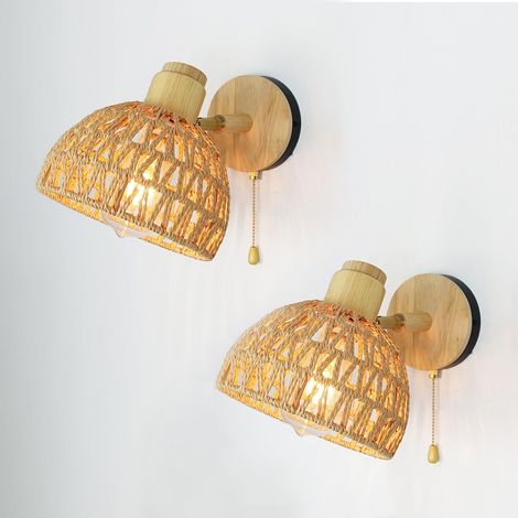 Lot de 2 Appliques Murales Interieures E27 Lampe Murale en Rotin Vintage Luminaire Applique Bois Réglable Lampe de Mur avec Interrupteur pour Chambre Salon Couloir (1/5)