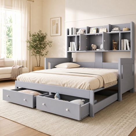 Cama extensible de madera 90 x 190 cm con cajones, almacenaje, enchufes y LED, gris OKMYHOME (1/5)