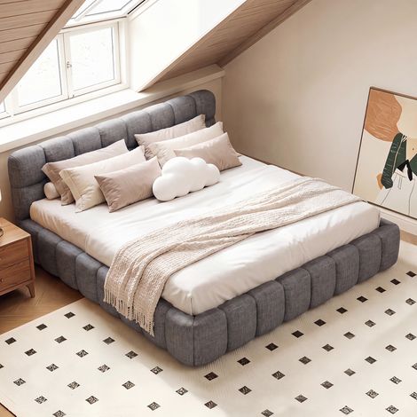 Lit Double Rembourré 140x190 cm,Lit Bulle avec Sommier à Lattes, Lit adulte 140x190 Lits 2 Personnes Capitonne avec Tête de Lits,Cadre de Lit pour Adulte et Adolescents,sans Matelas,Tissu en Lin,Gris