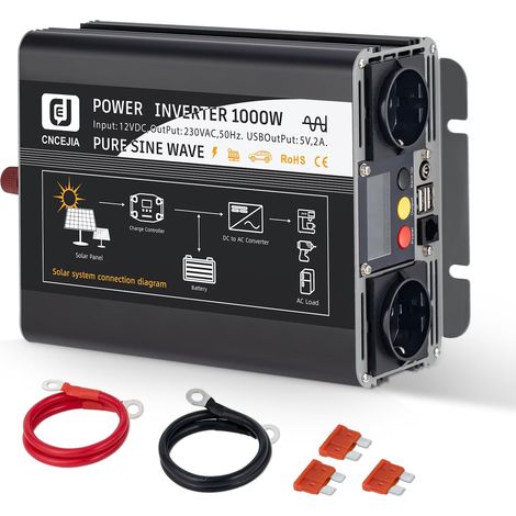 Onduleur sinusoïdal pur 1000 W, 12 V vers 230 V, avec 2 ports USB, 2 prises, écran LCD pour voiture, camping-car, camping (noir) (1/5)