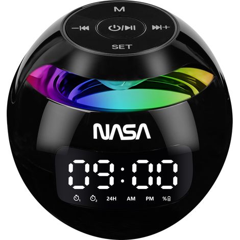 Réveil Bluetooth 5.0 avec Enceinte 3W RMS, Double Alarme, LED Multicolore, Micro-SD 32 Go, Batterie 1200 mAh, USB-C, Compact Noir (1/5)
