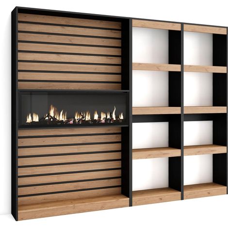 Skraut Home - Étagère Bibliothèque, Étagère de Rangement, 230x186x25cm, Salon Salle à manger Bureau, Cheminée électrique, Style moderne, Chêne et noir (1/5)