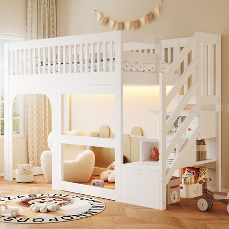 Litera infantil 90 x 200 cm con LED, escalera con almacenaje y barandillas OKMYHOME (1/5)
