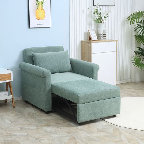 Poltrona Letto Singolo con Schienale Regolabile in 4 Posizioni, Tessuto Traspirante Effetto Lino e Seduta Imbottita, 96x84.5x87.5 cm, Verde (1/5)