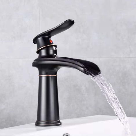 Robinet de lavabo de salle de bain cascade antique, laiton massif, robinet mélangeur d'évier chaud et froid, robinet de lavabo de salle de bain à poignée unique, robinet de lavabo, style court (1/5)