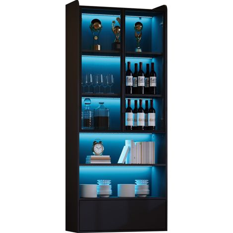 ELVMI Vitrine Hochschrank mit 1 Schublade, Glastüren, 6 Ebenen und LED per App, für Wohnzimmer, MDF, 80 x 34 x 180 cm (1/5)