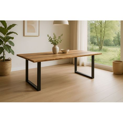 Esstisch 200 x 100 cm Akazie massiv natur mit schwarzen Resin-Adern U-Gestell schwarz PETER (1/4)