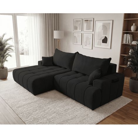 Emporius Canapé d'angle avec rangement Arvio 270 cm, tissu velours, gauche - canapé convertible, Noir (1/5)