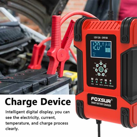 GARRYFIZH Chargeurs de batterie de voiture 12V/12A 24V/6A, entièrement automatiques, intelligents et portables, désulfateurs à charge lente pour motos, camping-cars, tondeuses à gazon et bateaux