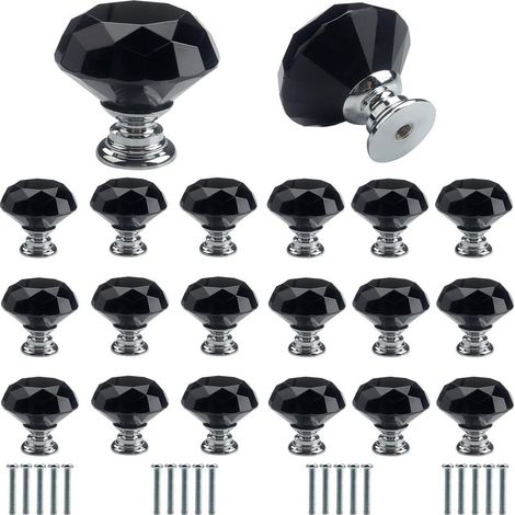 Lot de 20 poignées de porte en cristal noir avec vis, 30 mm, boutons de tiroir de luxe, haut de gamme, à trou unique, pour la décoration intérieure
