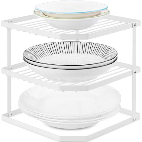 Étagère à plats pour placard, Étagère de cuisine à 3 niveaux, Étagère d'angle de cuisine, Organisateur et rangement pour placard de cuisine, Blanc (1/5)