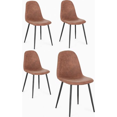 Lot de 4 chaises BORELA – Tissu effet vieilli & pieds acier noir-Marron clair (1/5)