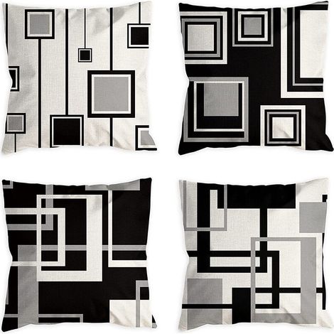 Lot de 4 Housses de Coussin Noires & Blanches, 45x45 cm, Motif Géométrique Moderne, Doux en Peluche, Décor Canapé, Salon, Jardin (1/5)