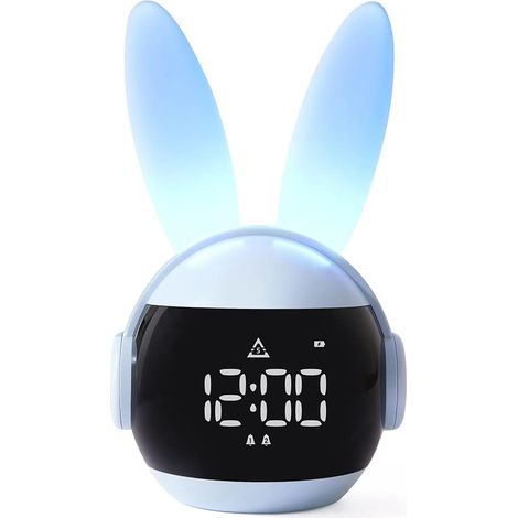 ZOLGINAH Réveils lumineux pour enfants , veilleuses de lapin , 90 jours d'autonomie en veille, facile à configurer, 6 sonneries, répétition, rechargeable, horloge d'entraînement au sommeil (bleu) (1/5)