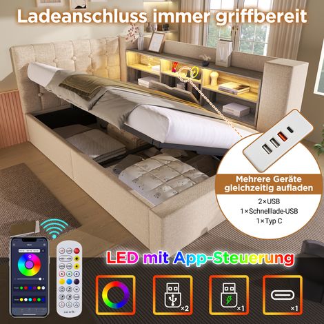 Lit double capitonné 140x190 cm avec éclairage LED, rangement hydraulique, tête de lit en forme de L avec rangement, montage possible des deux côtés, sommier à lattes, tissu lin, beige (sans matelas) (1/5)