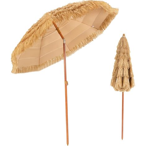 COSTWAY Parasol Inclinable de Paille 1,75M--Protection Solaire UPF 30+, Inclinable sur 30°/Style Hawaïen pour Plage de sable/Jardin/Terrasse/Plage Beige (1/4)