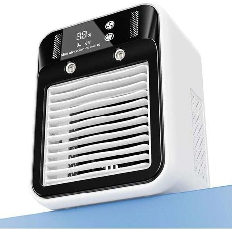 Climatiseur portable, mini ventilateur rechargeable, refroidisseur d'air par évaporation, 2 vitesses, 2 jets d'air froid, affichage numérique, ventilateur portable pour chambre, bureau, camping (1/4)