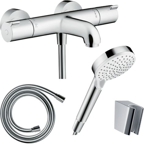 Pack mezclador termostático de bañera HANSGROHE Ecostat 1001 + rociador de ducha Crometta EcoSmart + flexo Isiflex + soporte cromado