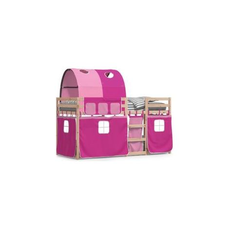 Lit superposé avec rideaux rose 90x200 bois pin massif (1/5)