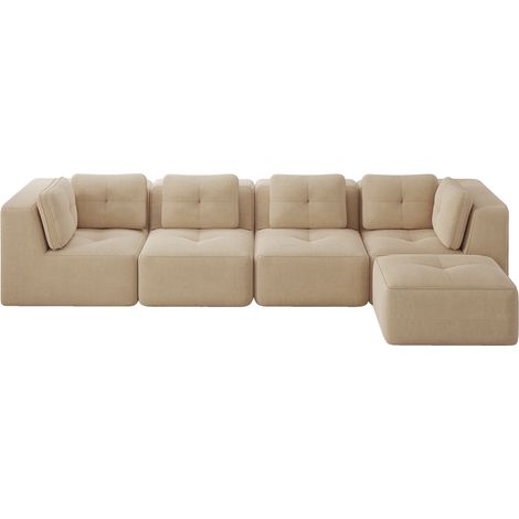 Canapé d'angle modulaire 4 places en velours côtelé beige avec assise profonde et coussins moelleux (1/5)