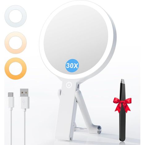 Doppelseitiger, beleuchteter Vergrößerungsspiegel (30x/1x), wiederaufladbarer Kosmetikspiegel mit 2000 mAh Akku und 3 Beleuchtungsfarben, faltbarer LED-Spiegel mit Pinzette für Reisen/Büro/Schlafzimme (1/5)