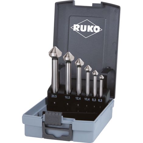 RUKO Jeu de fraises coniques et ébavureuses DIN 335 Forme C 90° HSS avec long queue cylindrique en cassette plastique ABS - 6 pièces - 102158RO