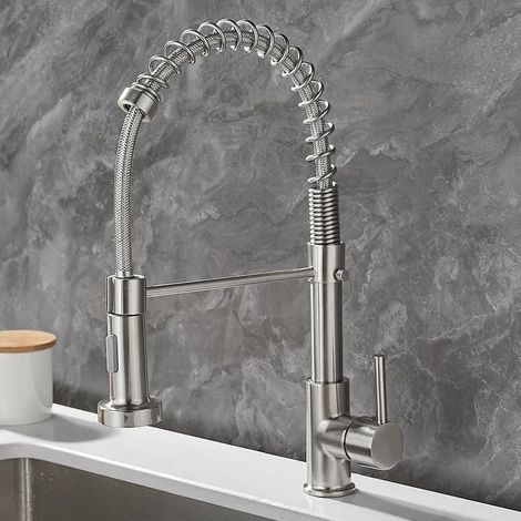 Robinet de cuisine en laiton brossé, mitigeur d'évier avec bec extractible, douchette à jet chaud et froid, montage sur plage, finition acier inoxydable brossé (Chine continentale). (1/5)