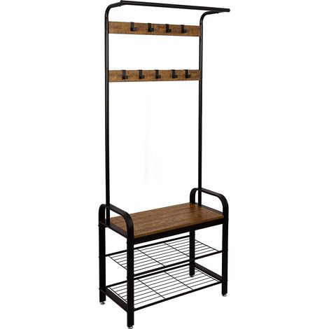 Meerveil Appendiabiti vintage, stile industriale, scarpiera con seduta in metallo, con 9 ganci rimovibili, 2 ripiani a griglia, 72 x 34 x 183 cm, colore: marrone/nero (1/4)